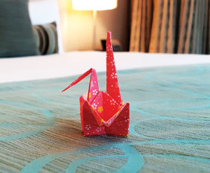 The brand’s signature origami crane welcomes guests to their rooms.